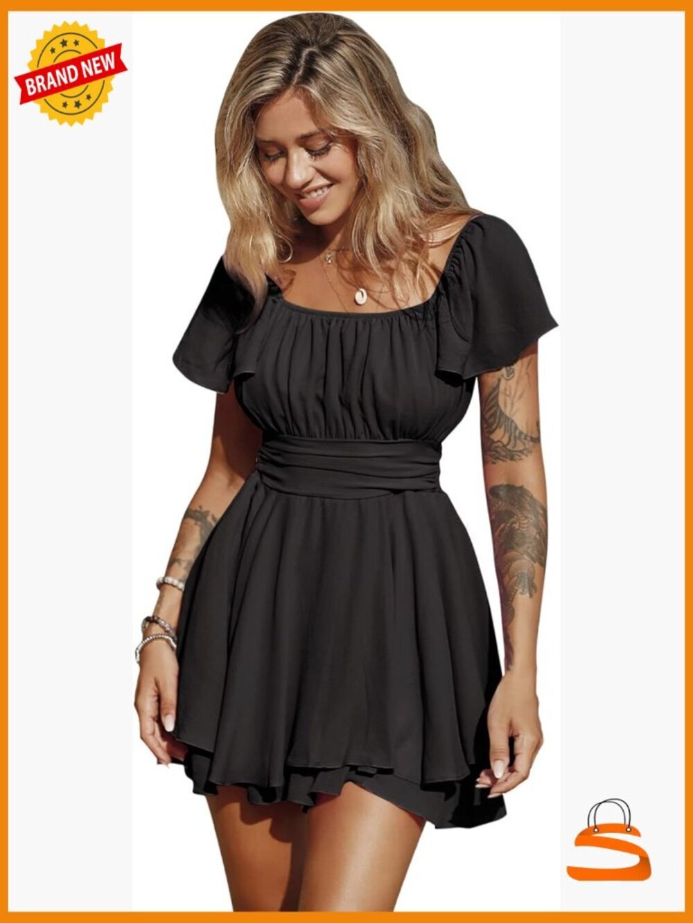 Summer Square Neck Romper Dress with Ruffle Sleeves & Tie Back